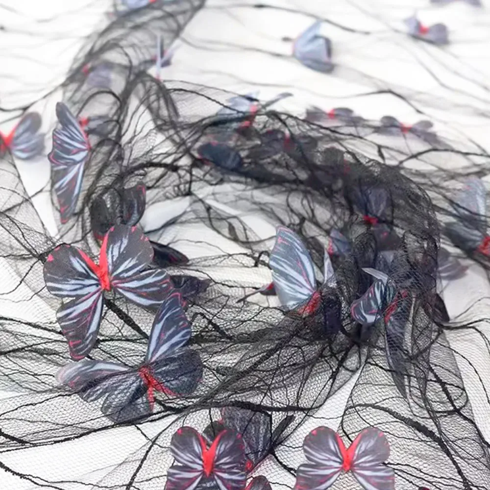 High Quality Black Transparent Blue 3D Butterfly Flower Lace Mesh Fabric Wedding Dress Fashion Costume Designer Embroidery Tulle thumbnail 5