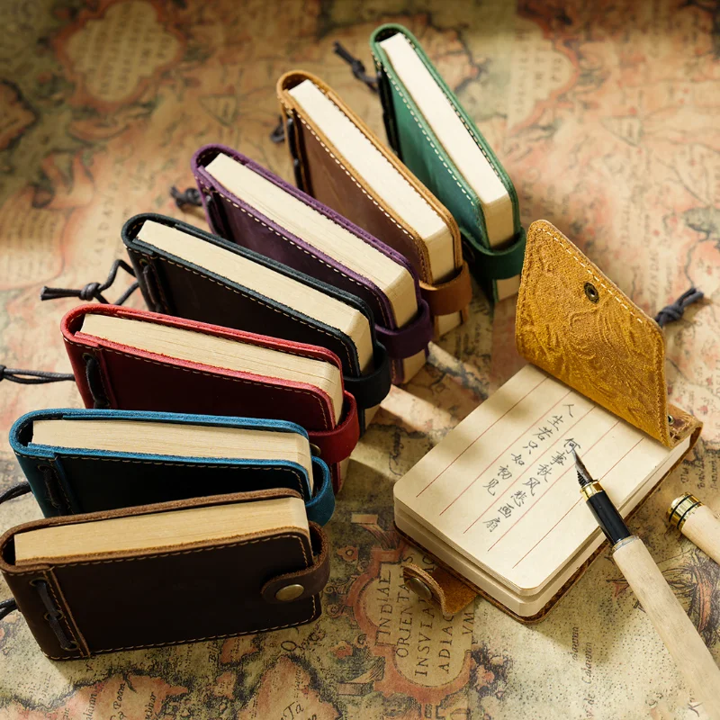 Pure Handmade Genuine Leather Small Size Mini Notebooks Cover Retro Cowhide Diary Journals Vintage Memo Notepad Paper Material thumbnail 4