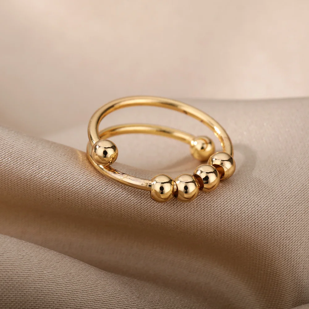 Anxiety Balls Beads Rings for Women Open Spinner Adjustable Finger Ring Stainless Steel Rotating Freely Anti Stress Jewelry Gift thumbnail 5