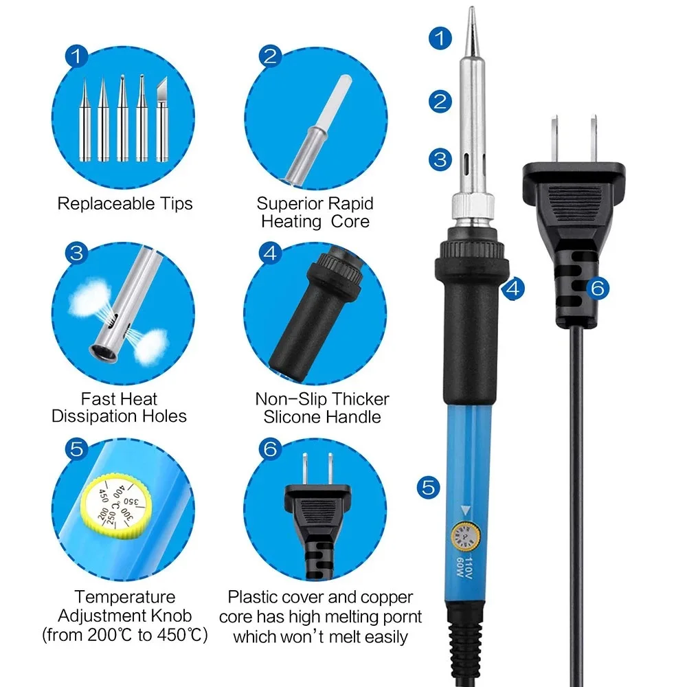 60W Adjustable Temperature Electric Soldering Iron  Welding Iron Rework Station Heat Pen Tips DIY Repair Tool thumbnail 4