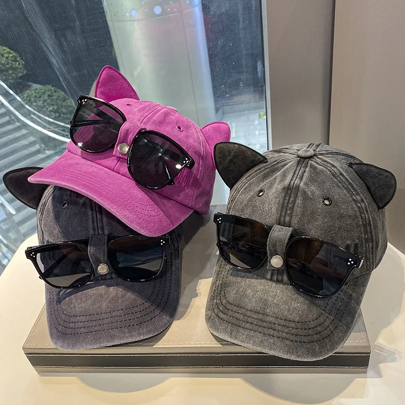 New Cat Ears Sunglasses Baseball Cap Y2K Cotton Washed Pilot Snapback Caps Gorras Women And Men Outdoor Sunshade Sun Hats Unisex thumbnail 3