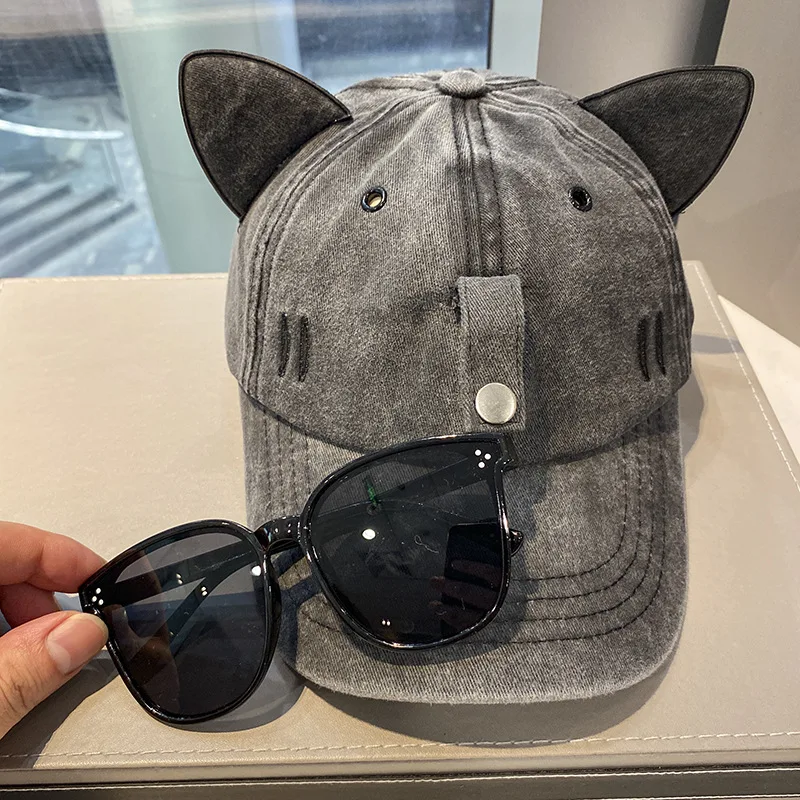 New Cat Ears Sunglasses Baseball Cap Y2K Cotton Washed Pilot Snapback Caps Gorras Women And Men Outdoor Sunshade Sun Hats Unisex thumbnail 5