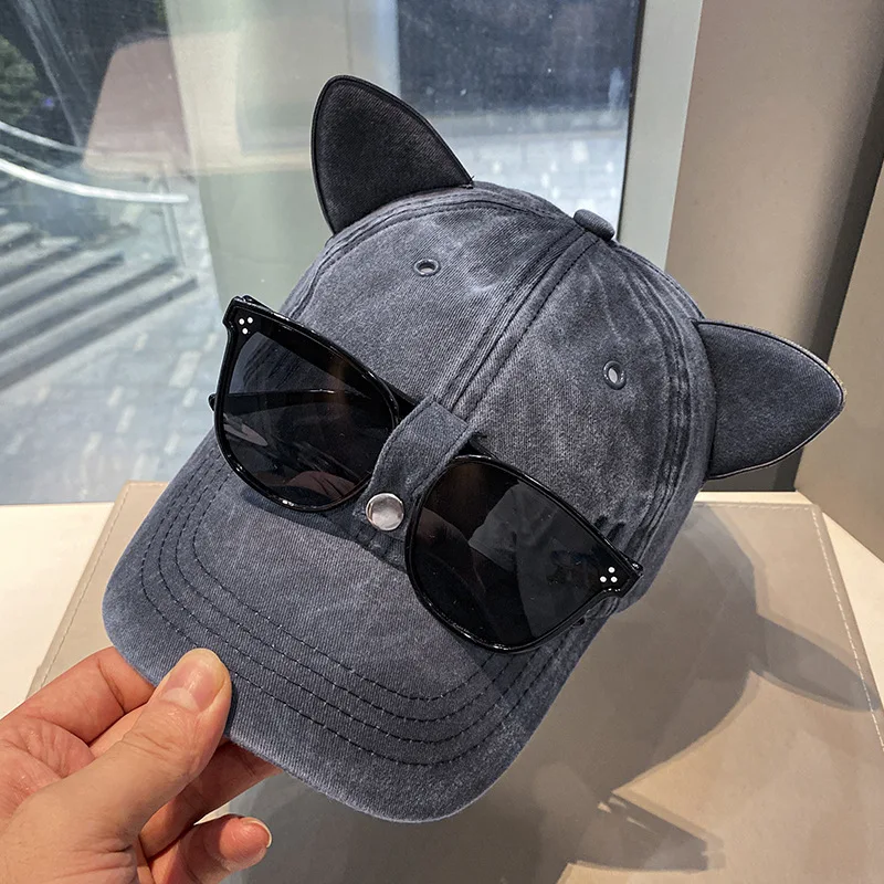 New Cat Ears Sunglasses Baseball Cap Y2K Cotton Washed Pilot Snapback Caps Gorras Women And Men Outdoor Sunshade Sun Hats Unisex thumbnail 4