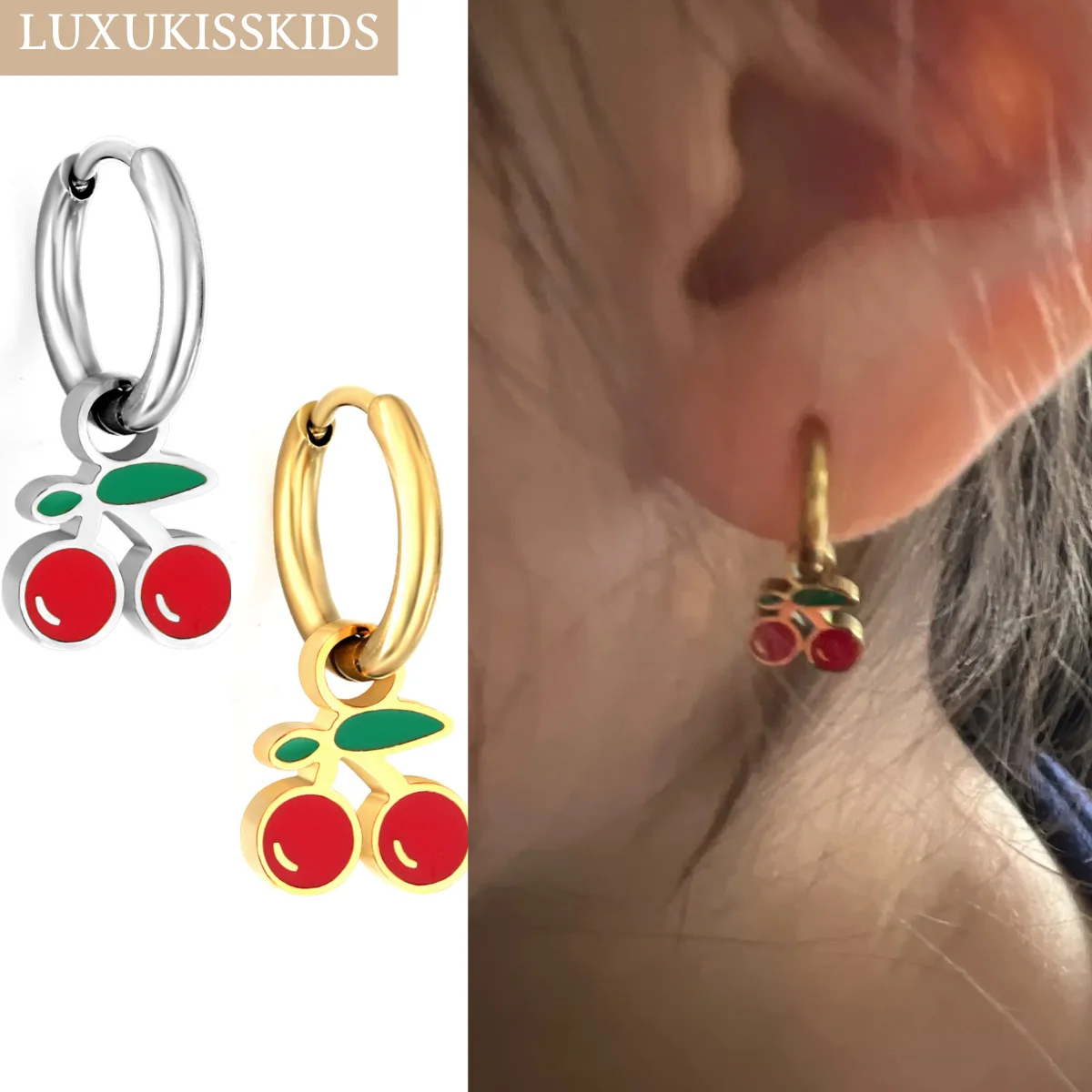 LUXUKISSKIDS Strawberry Charms Jewellery Earrings Cute Red Cherry Drop Pendients for Girls/Woman Steel Fruits Accessories Gifts thumbnail 4