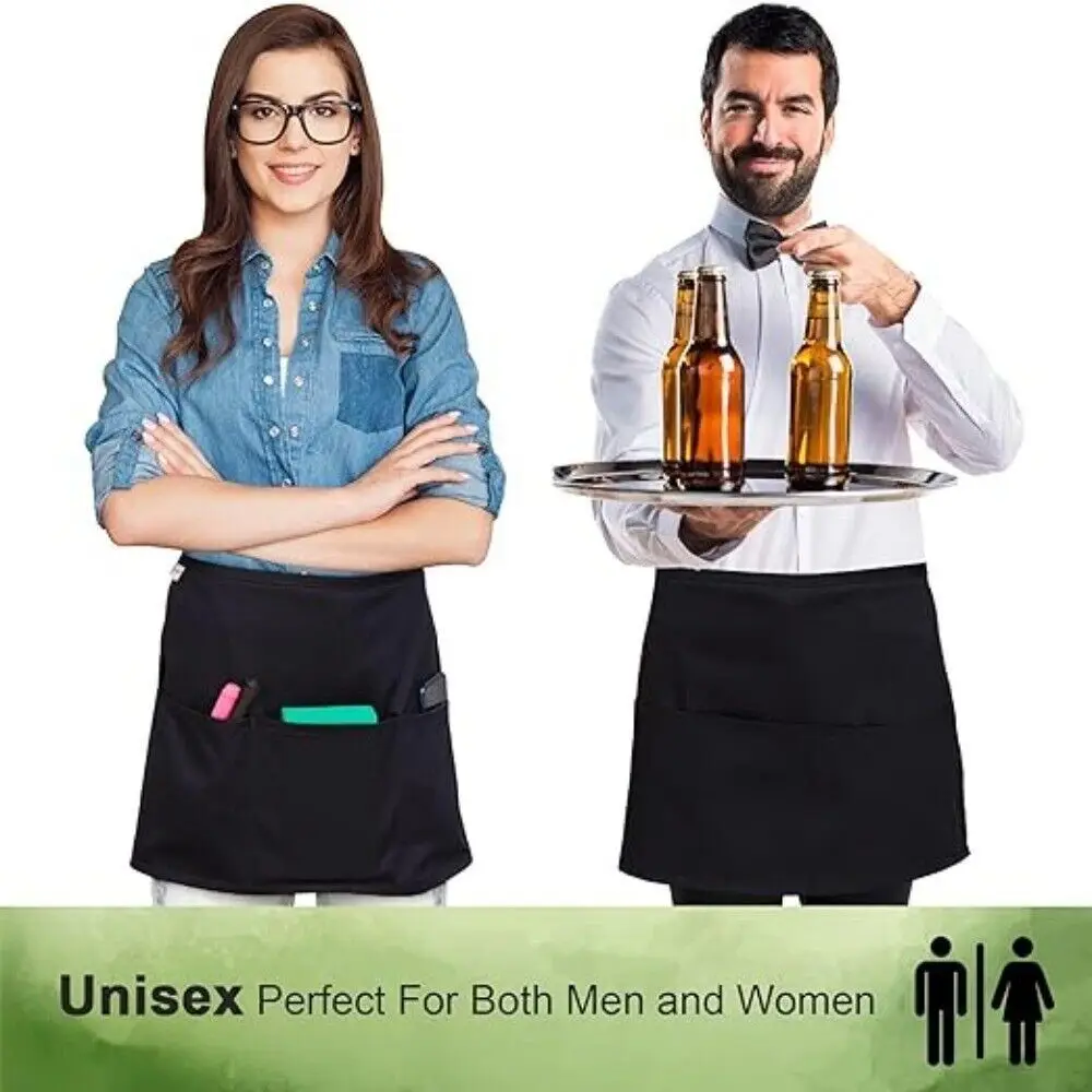 Fashion Short Small Apron 3 Pockets Waist Apron Black Waterproof Waitress Half Apron thumbnail 5