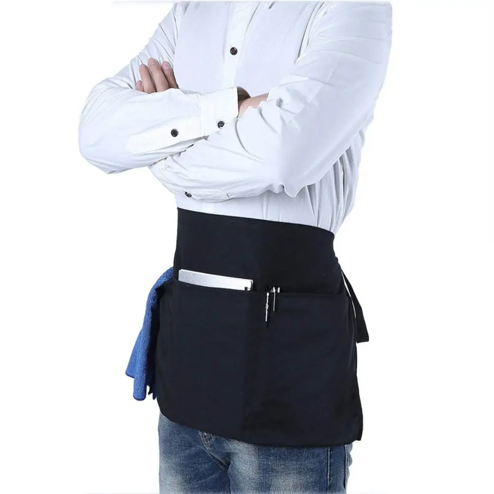 Fashion Short Small Apron 3 Pockets Waist Apron Black Waterproof Waitress Half Apron thumbnail 2