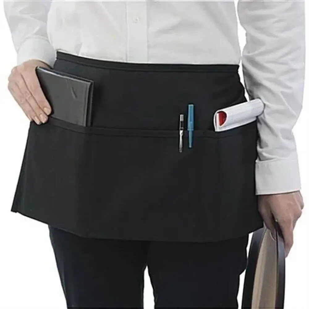 Fashion Short Small Apron 3 Pockets Waist Apron Black Waterproof Waitress Half Apron thumbnail 3