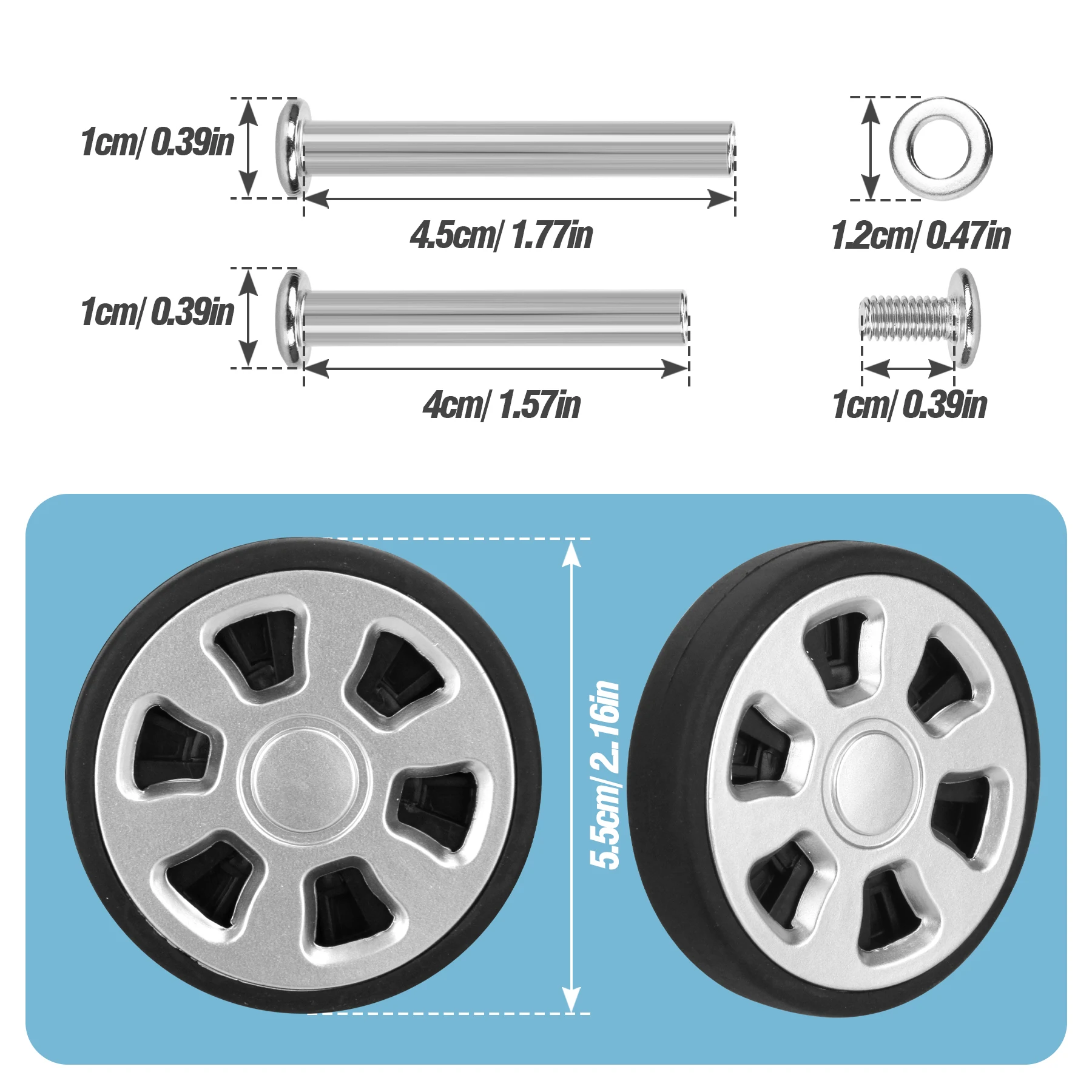 4/8Pcs Silver Replace Wheel with Screw For Travel Luggage Suitcase Wheels 55mm Axles Repair Kit Luggage Wheel Replacement DIY thumbnail 3