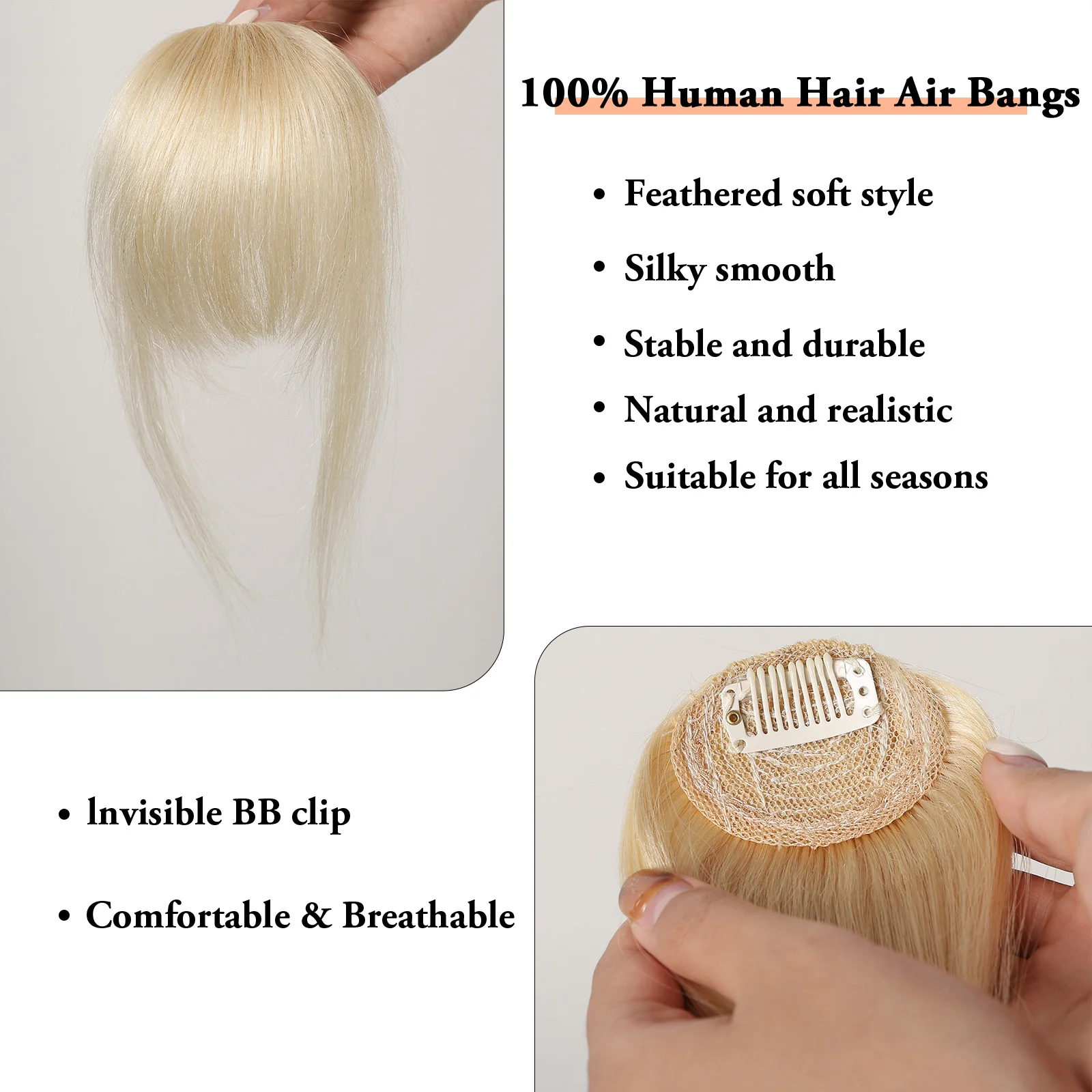 100% Human Hair Bangs Clips in Air Fringe Bangs Hairpiece for Women Platinum Blonde Remy Human Hair Bangs Hair Extension 4.5inch thumbnail 5