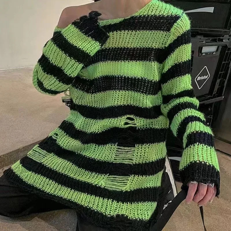 New Goth Punk Gothic Sweater Oversized Pullovers Women Striped Cool Hollow Out Hole Broken Jumper Harajuku Aesthetics Sweater thumbnail 6
