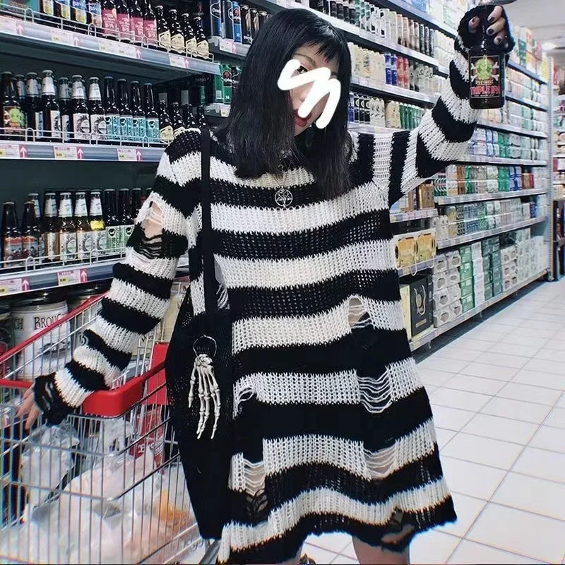 New Goth Punk Gothic Sweater Oversized Pullovers Women Striped Cool Hollow Out Hole Broken Jumper Harajuku Aesthetics Sweater thumbnail 3