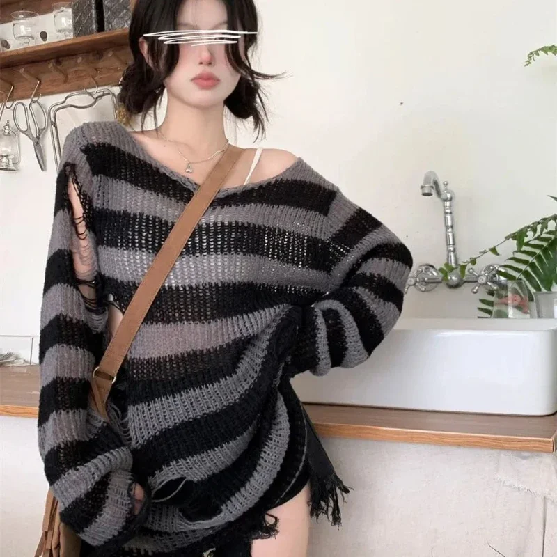 New Goth Punk Gothic Sweater Oversized Pullovers Women Striped Cool Hollow Out Hole Broken Jumper Harajuku Aesthetics Sweater thumbnail 2