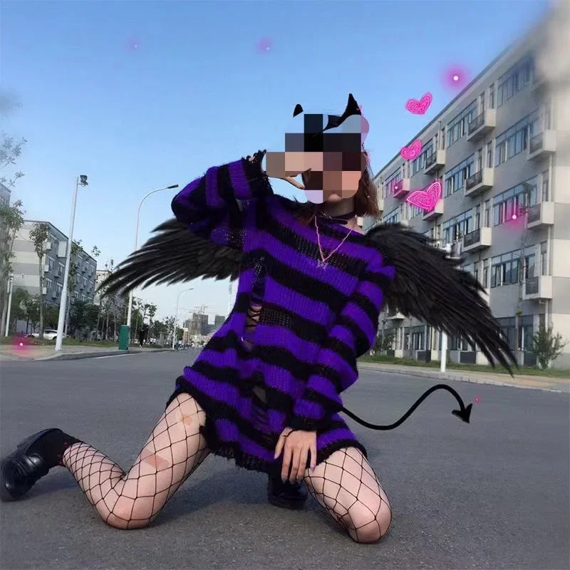 New Goth Punk Gothic Sweater Oversized Pullovers Women Striped Cool Hollow Out Hole Broken Jumper Harajuku Aesthetics Sweater thumbnail 5