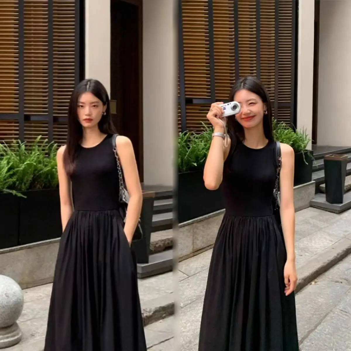 New Vintage Holiday Style Black Midi Dress Dresses for Women Clothing O Neck Office Lady Casual Pockets Women's Clothing
