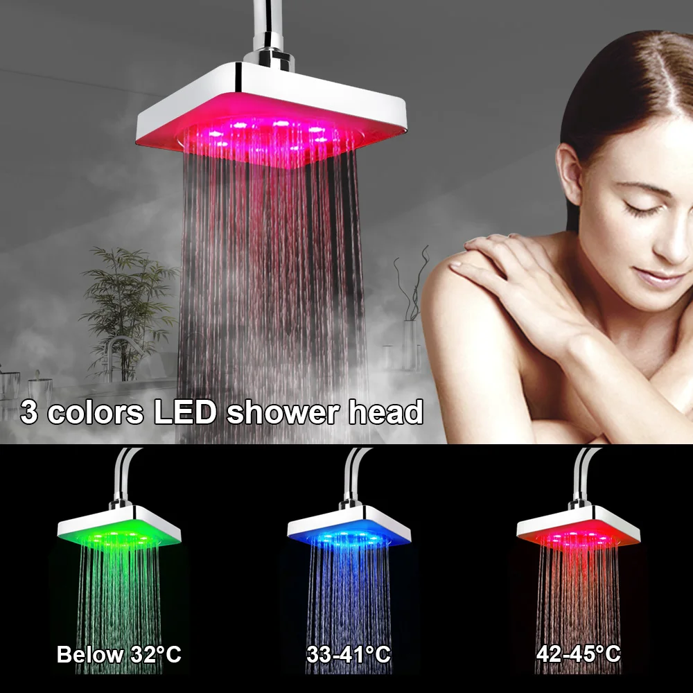 LED Shower Head Rainfall Top Spray Ultra-Quiet 3 colors Temperature Sensor 7 Colors Gradual Changing Square Fixed Showerhead thumbnail 6