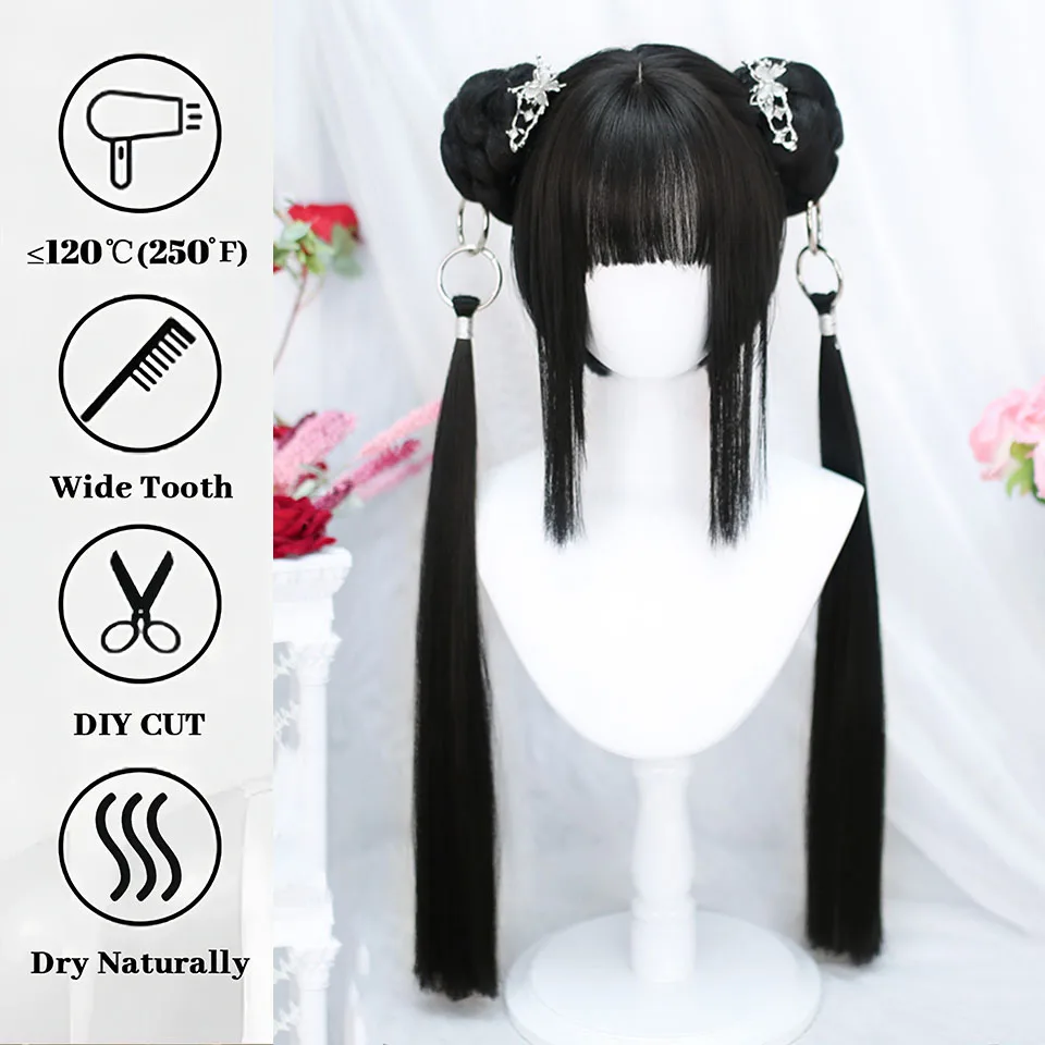 OLACARE Synthetic Short Straight Wig with Long Ponytail Hairbun Lolita Cosplay Party Harajuku Black Wig With Bangs for Women thumbnail 4