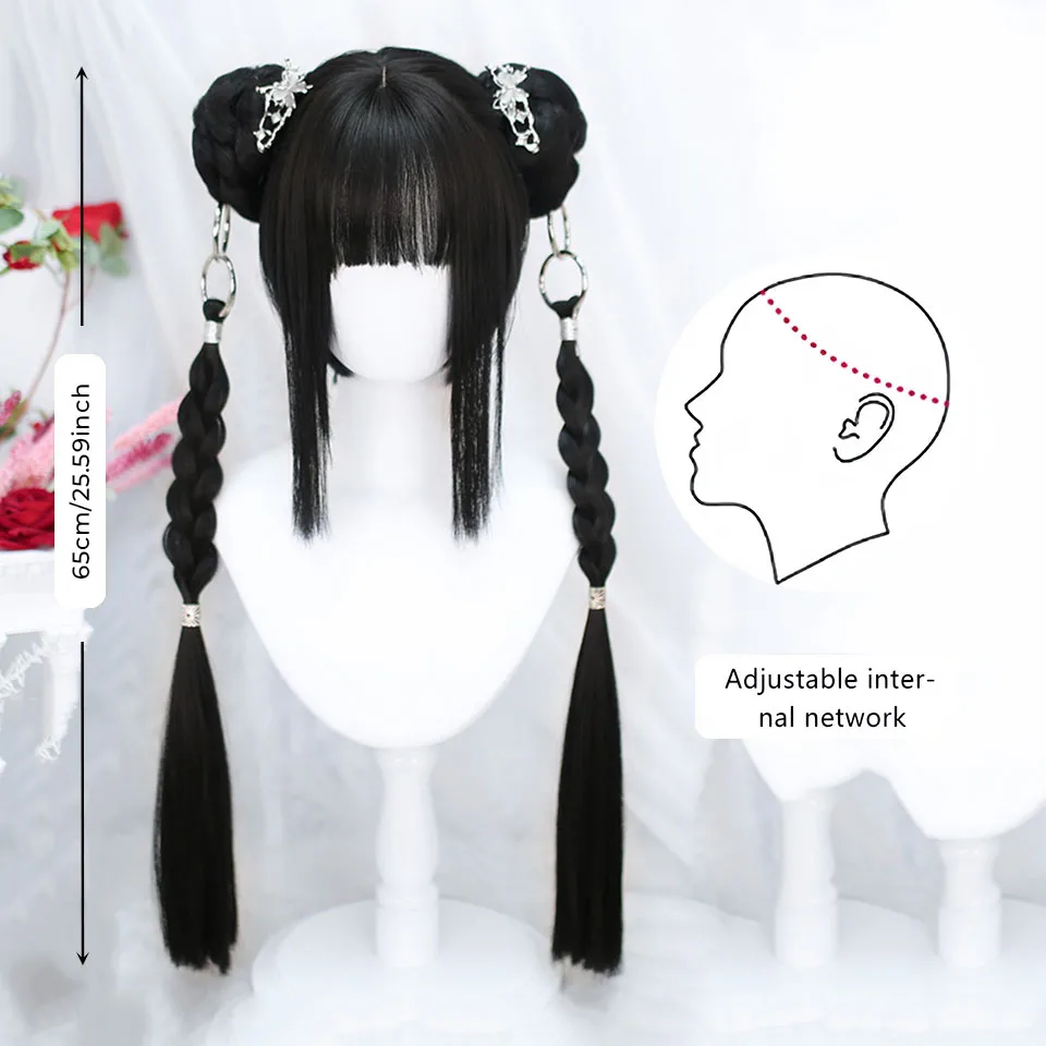 OLACARE Synthetic Short Straight Wig with Long Ponytail Hairbun Lolita Cosplay Party Harajuku Black Wig With Bangs for Women thumbnail 3