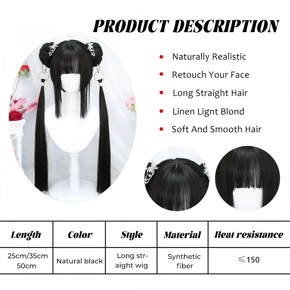OLACARE Synthetic Short Straight Wig with Long Ponytail Hairbun Lolita Cosplay Party Harajuku Black Wig With Bangs for Women thumbnail 2