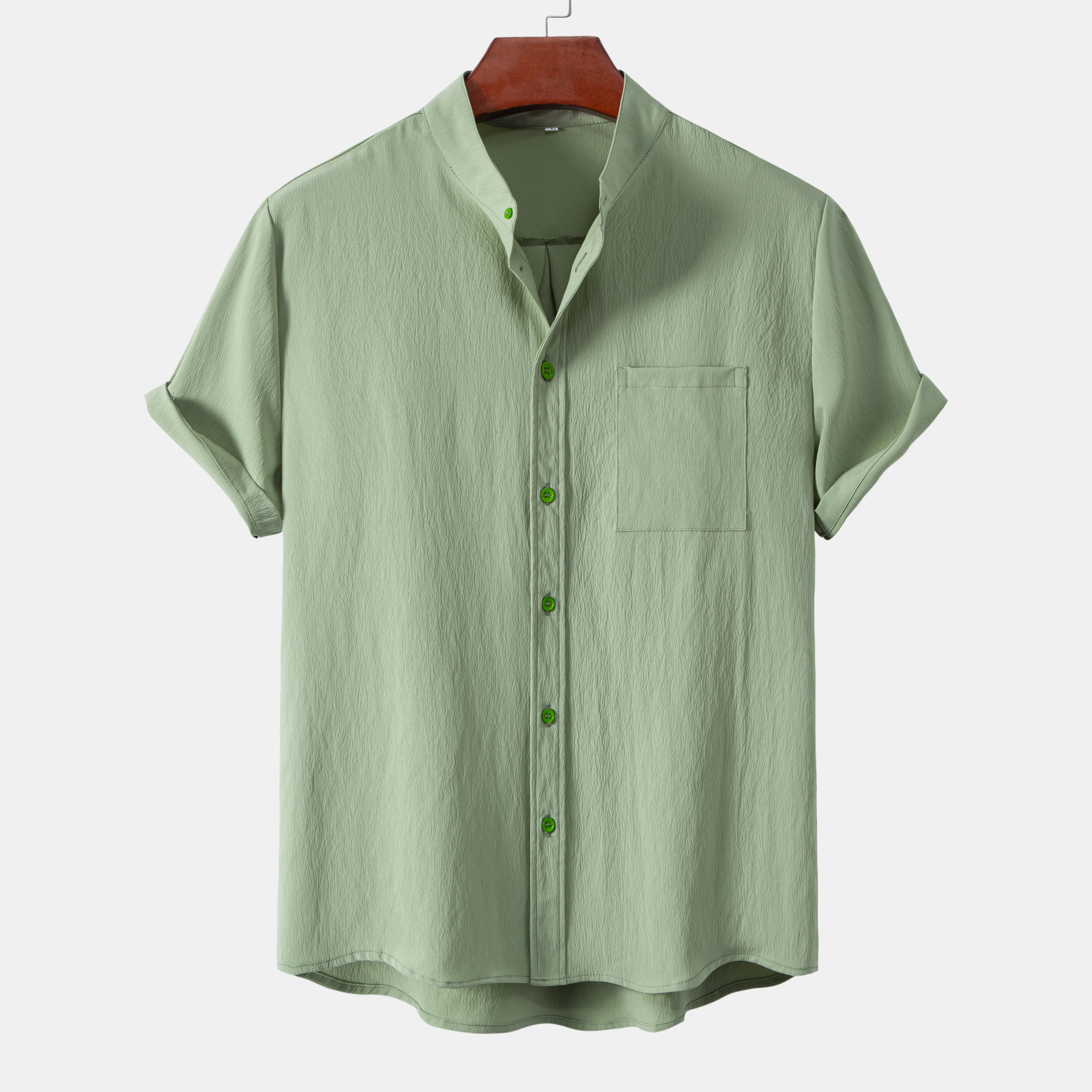 2026New men's short sleeved solid color standing collar cardigan casual shirt for foreign trade