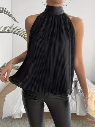 New fashionable solid color off the shoulder collarless and sleeveless pleated slim fit bottom shirt top thumbnail 4