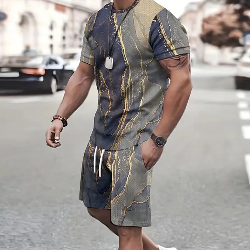 2024 Fashion Men's Sportswear Short Sleeve T Shirt And Sports Shorts Summer Casual Vintage Patchwork Suit Men's Two Piece Suit thumbnail 3