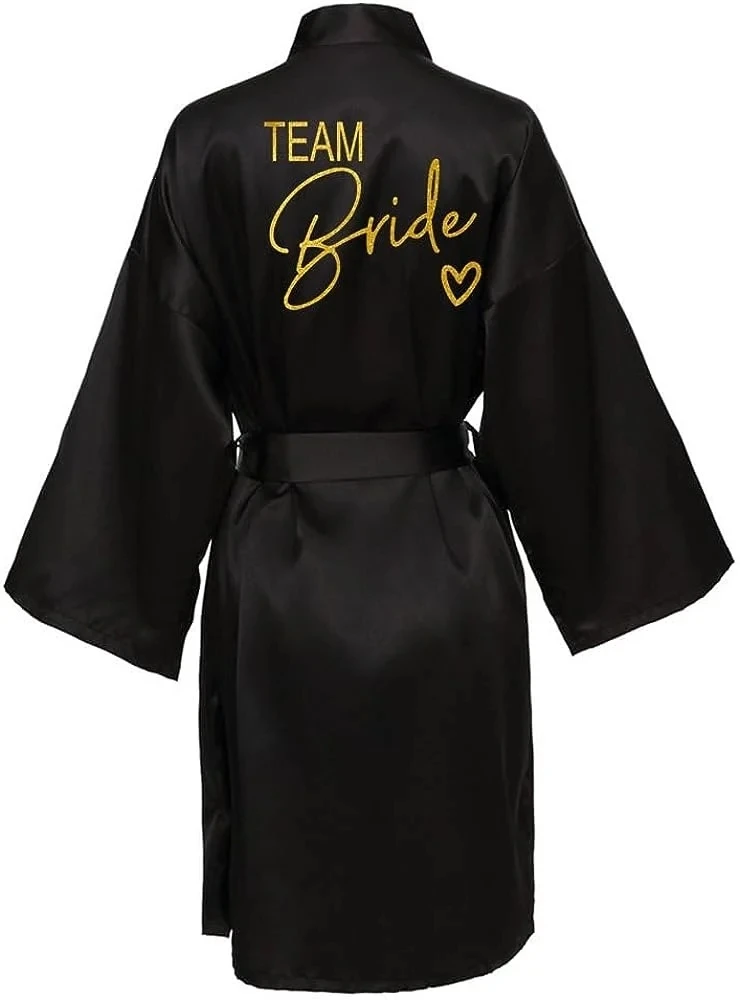 Wedding Party Team Bride Robe Kimono Satin Pajamas Bridesmaid Bathrobe Gold Letter SP089 thumbnail 4