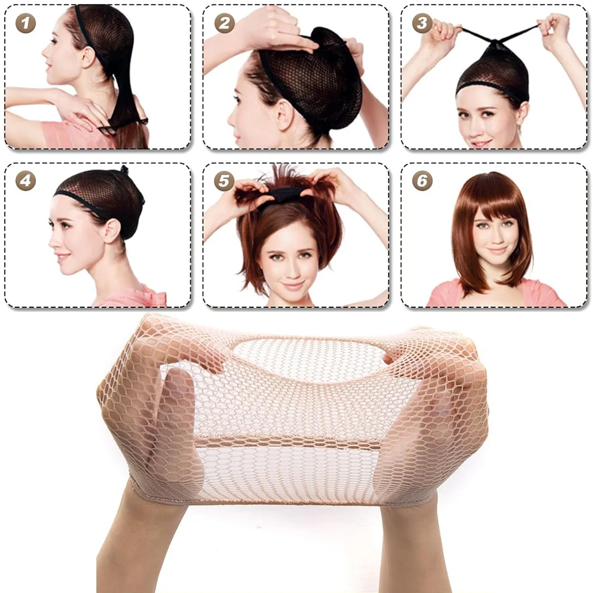 2PCS Black/Skin Color Mesh Net Wig Caps Liner Weaving Caps for Wigs Elastic Hair Net Open or Close End Fishnet Wig Caps Average thumbnail 5
