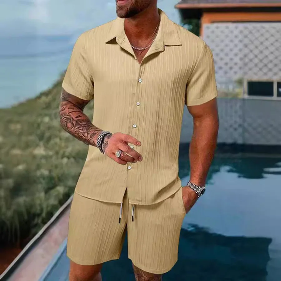 Spring And Summer New Sports Men's Polo Casual Solid Color Loose Short-sleeved Drawstring Shorts Cardigan Striped Sports Suit thumbnail 6