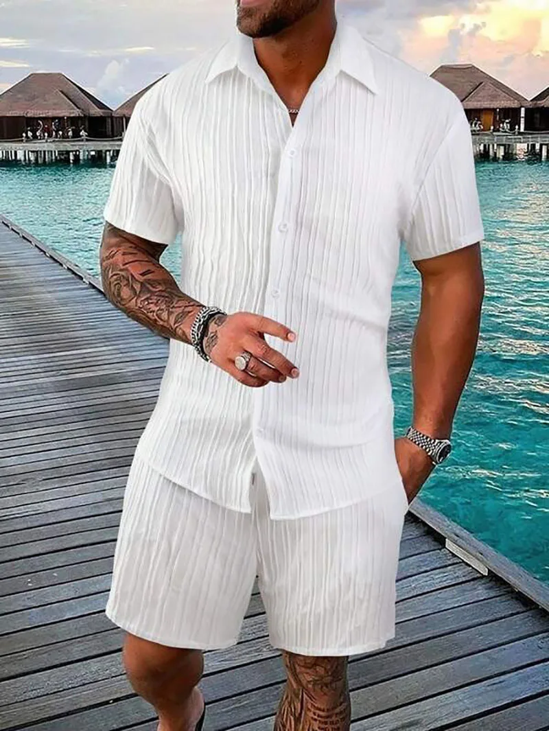 Spring And Summer New Sports Men's Polo Casual Solid Color Loose Short-sleeved Drawstring Shorts Cardigan Striped Sports Suit thumbnail 2