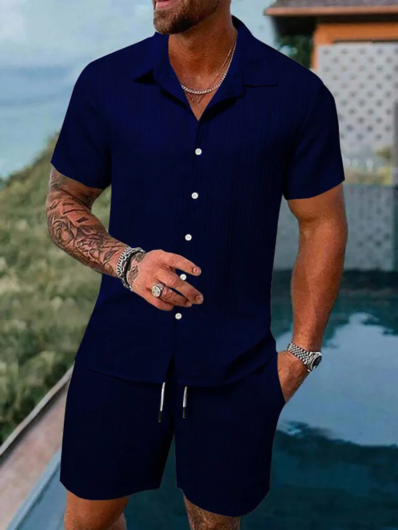Spring And Summer New Sports Men's Polo Casual Solid Color Loose Short-sleeved Drawstring Shorts Cardigan Striped Sports Suit thumbnail 4