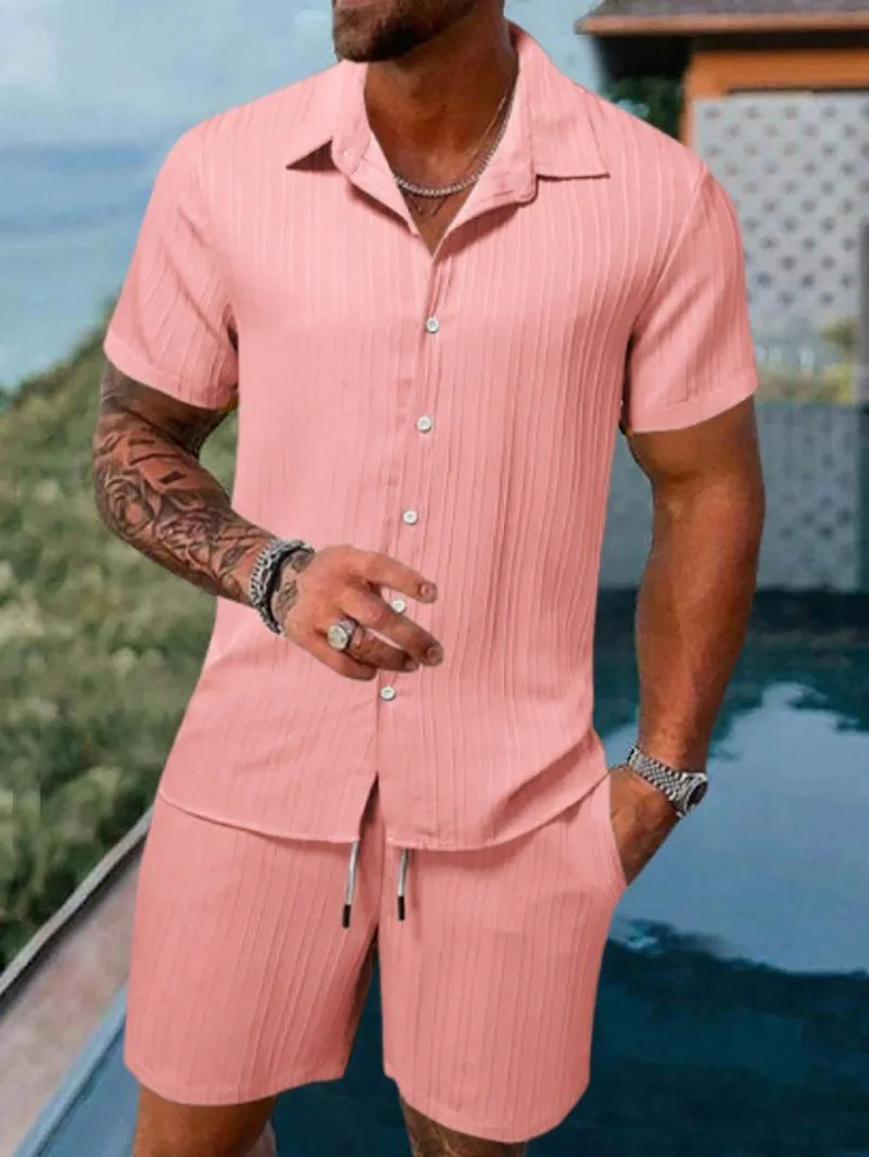 Spring And Summer New Sports Men's Polo Casual Solid Color Loose Short-sleeved Drawstring Shorts Cardigan Striped Sports Suit thumbnail 5
