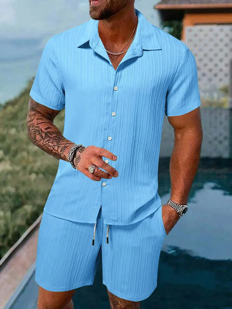 Spring And Summer New Sports Men's Polo Casual Solid Color Loose Short-sleeved Drawstring Shorts Cardigan Striped Sports Suit thumbnail 3