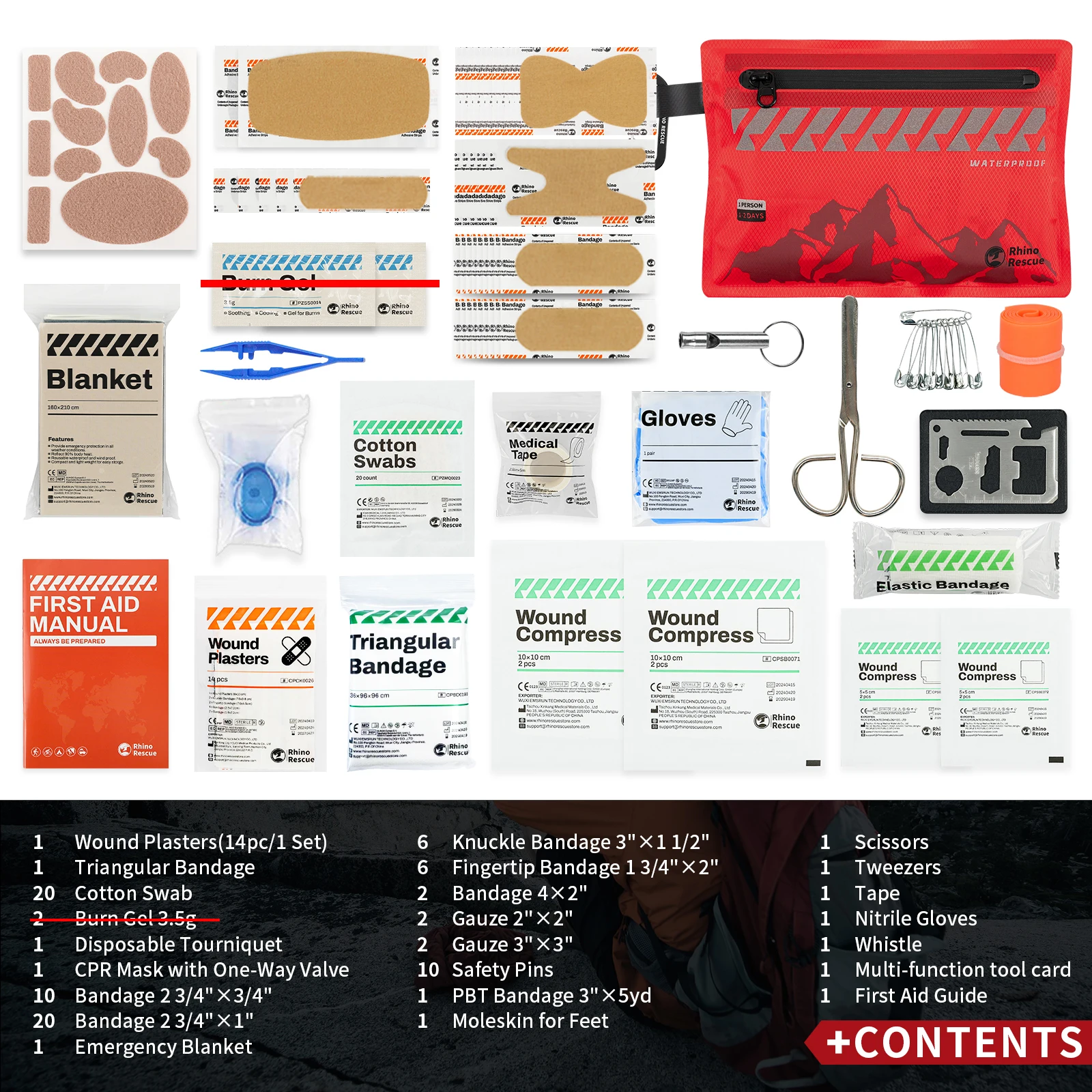 Rhino Rescue Small First Aid Kit - Ultralight Waterproof Medical Kit for Hiking Backpacking Cycling Travel Vehicles thumbnail 2