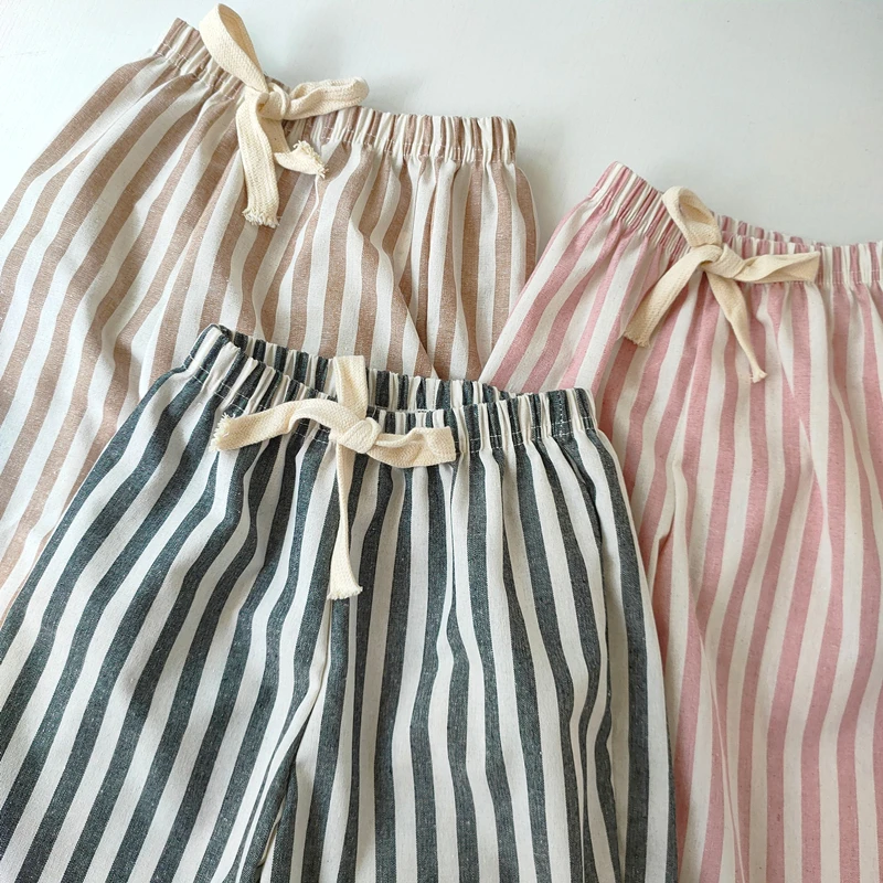 Children's Clothing Vintage Linen Cotton Stripe Pants Baby Boy Girl Casual Shorts Spring Summer Girls Loose Trousers and Shorts thumbnail 4