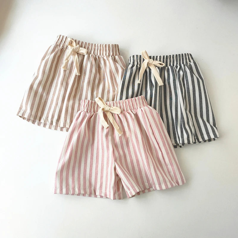 Children's Clothing Vintage Linen Cotton Stripe Pants Baby Boy Girl Casual Shorts Spring Summer Girls Loose Trousers and Shorts thumbnail 3