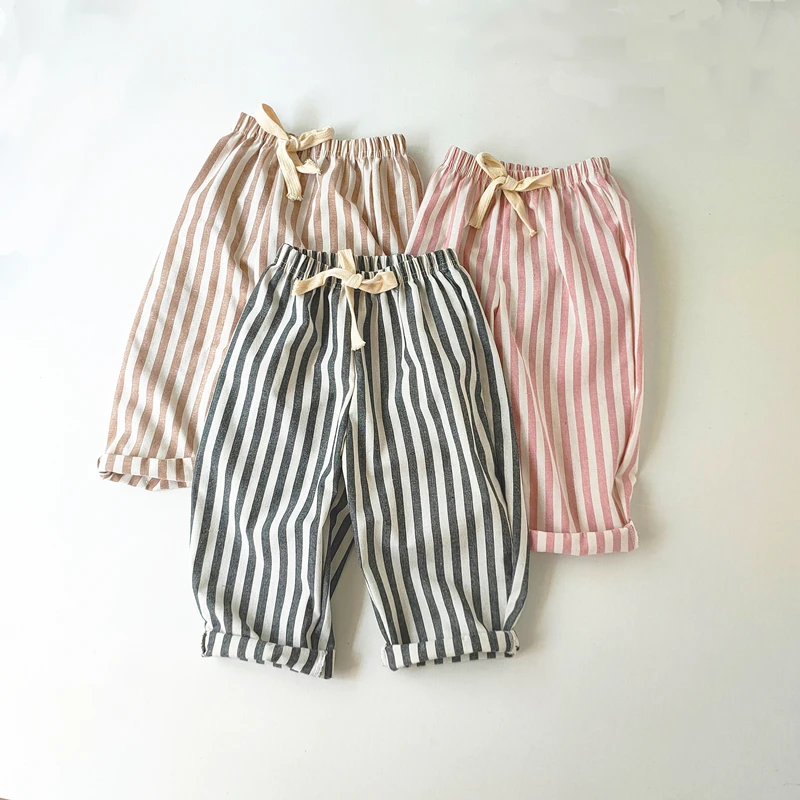 Children's Clothing Vintage Linen Cotton Stripe Pants Baby Boy Girl Casual Shorts Spring Summer Girls Loose Trousers and Shorts thumbnail 2