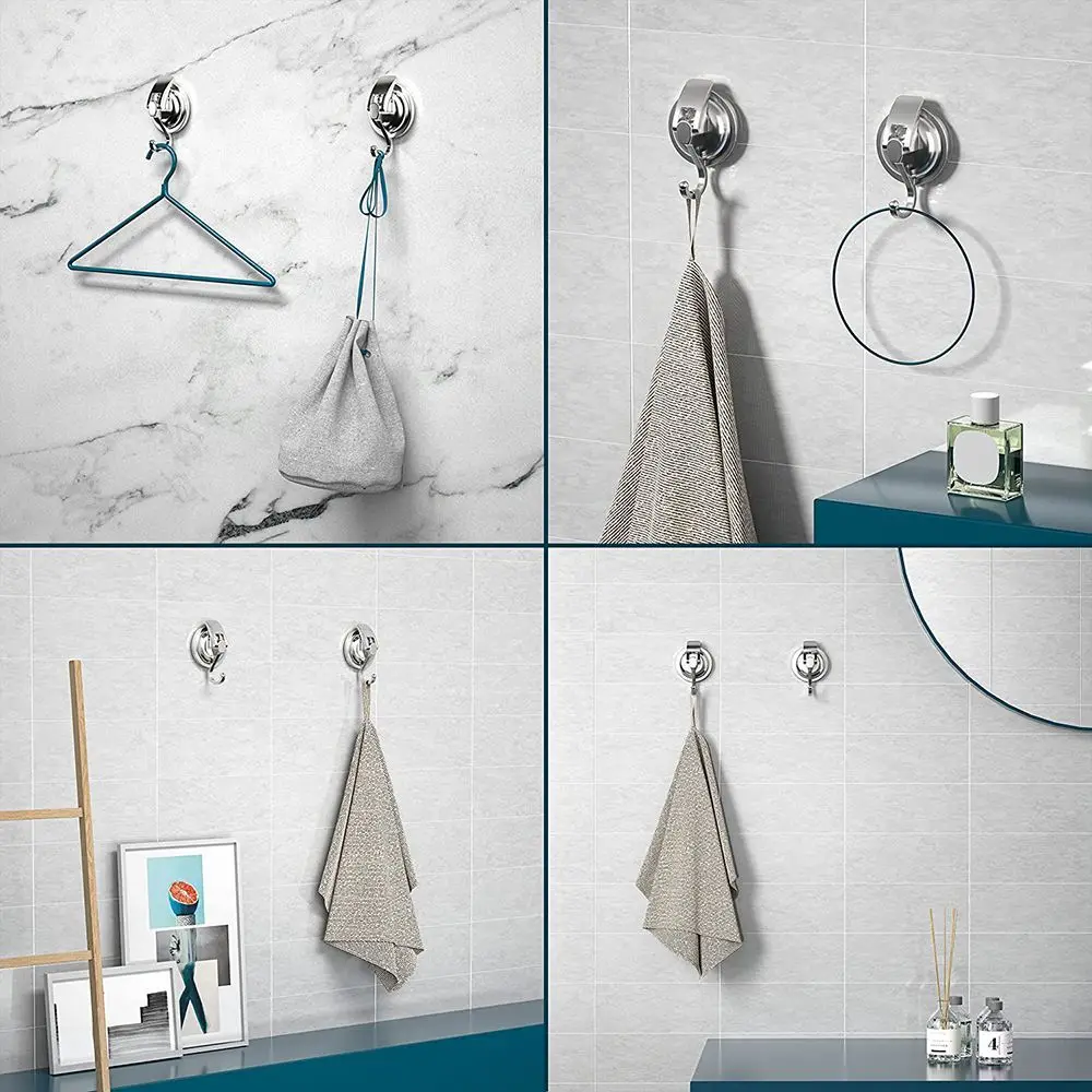Silver Wall Mount Suction Cup Hooks Without Punching Reusable Removable Organization Bathroom Shower Heavy-Duty Easy to Install thumbnail 2