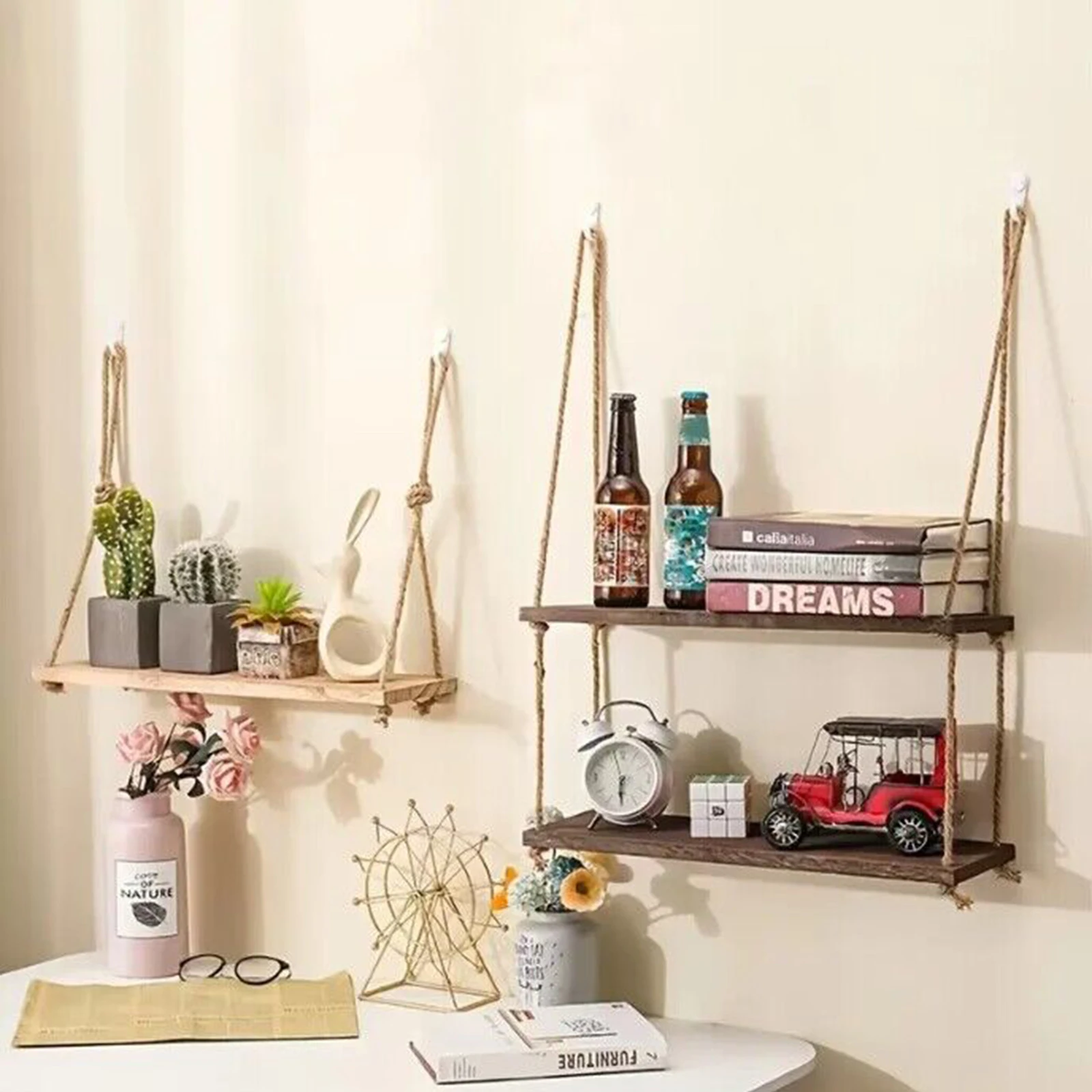 Wooden Floating Shelves for Wall Plant Flower Wood Swing Hanging Rope Storage Home Living Room Decor 1/2/3-tier thumbnail 3