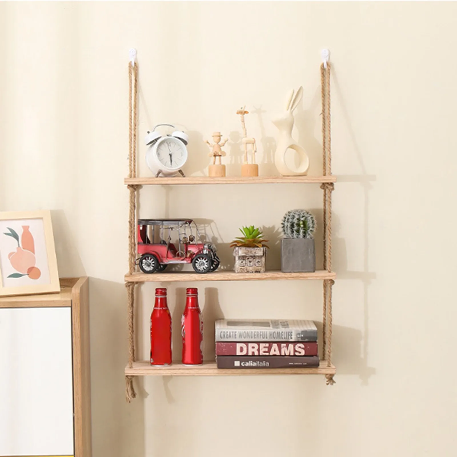 Wooden Floating Shelves for Wall Plant Flower Wood Swing Hanging Rope Storage Home Living Room Decor 1/2/3-tier thumbnail 2