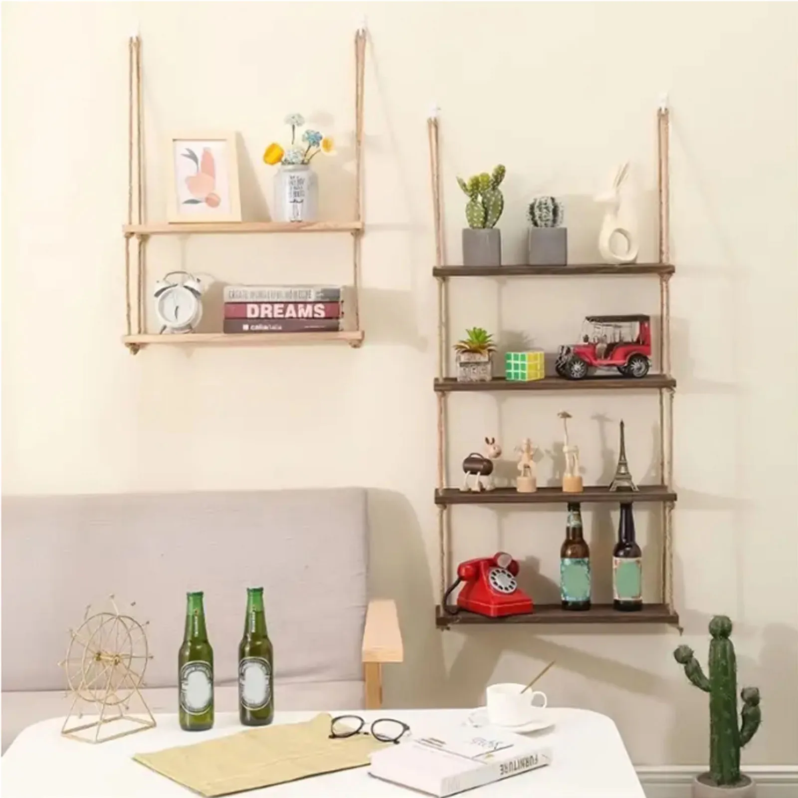 Wooden Floating Shelves for Wall Plant Flower Wood Swing Hanging Rope Storage Home Living Room Decor 1/2/3-tier thumbnail 4