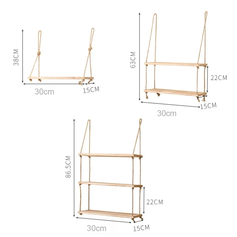 Wooden Floating Shelves for Wall Plant Flower Wood Swing Hanging Rope Storage Home Living Room Decor 1/2/3-tier thumbnail 6