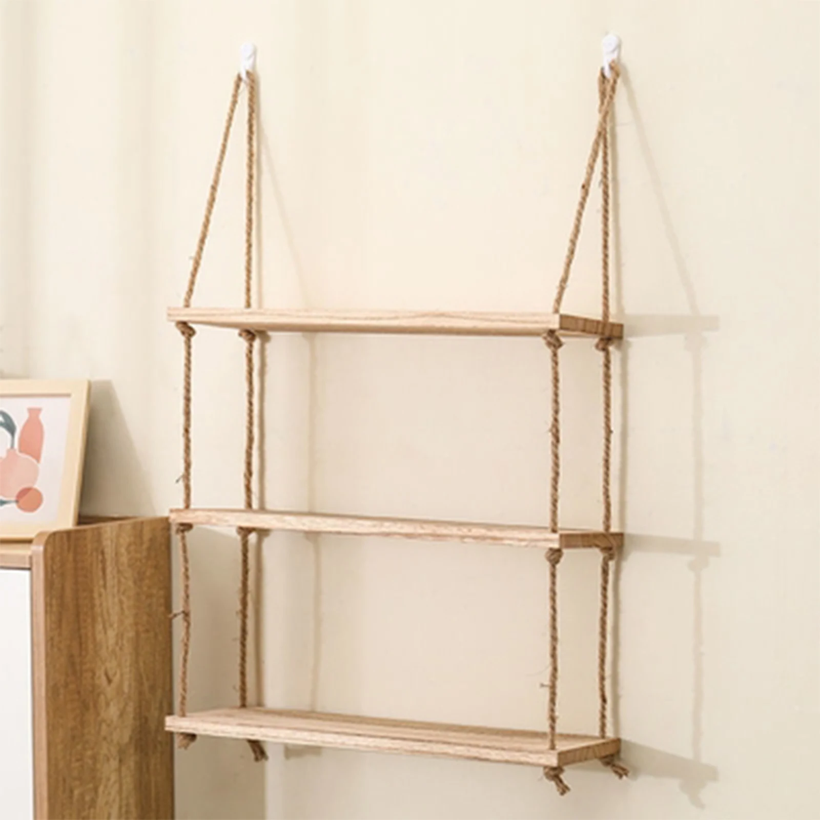 Wooden Floating Shelves for Wall Plant Flower Wood Swing Hanging Rope Storage Home Living Room Decor 1/2/3-tier thumbnail 5