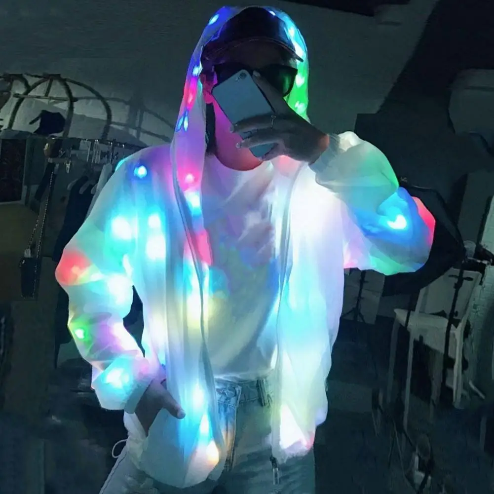 Hooded Light-up Jacket Glow Jacket Led Hooded Jacket Vibrant Colors Long Sleeve Pockets for Clubbing Concerts Dancing Parties thumbnail 2