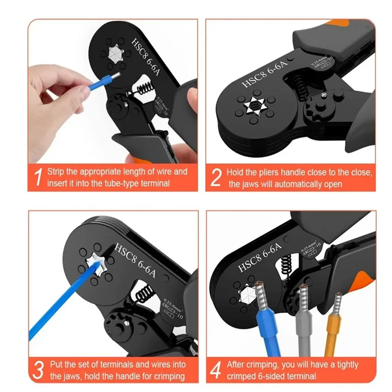 Hexagonal Self-Adjustable Ratchet Ferrule Crimping Tool Kit 23-10AWG 0.25-6mm² Crimper Kit with 400-2000pcs Wire Terminals thumbnail 4