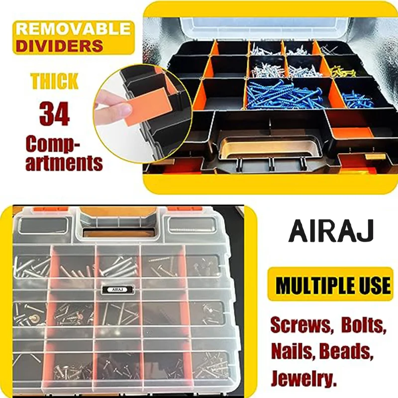 AIRAJ Small Parts Organizer 34-Compartments Double Side Parts Organizer with Removable Dividers for Hardware Screws Bolts Nails thumbnail 5