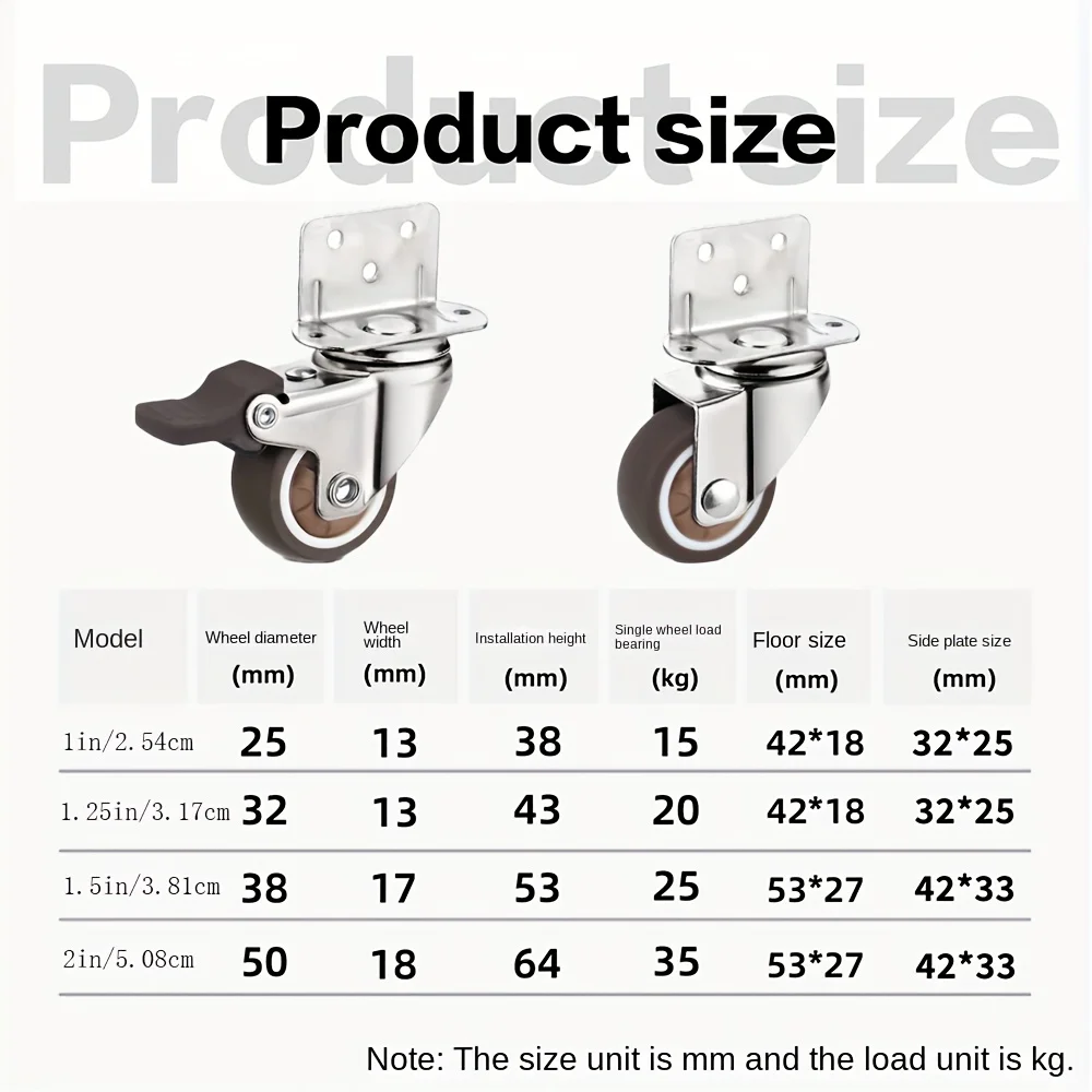 4 Pcs 1/1.25/1.5/2 inch L-Shaped Side Mount Caster Wheels Small Rubber Furniture Castors Swivel Cartwheels for Trolley Cabinet thumbnail 2