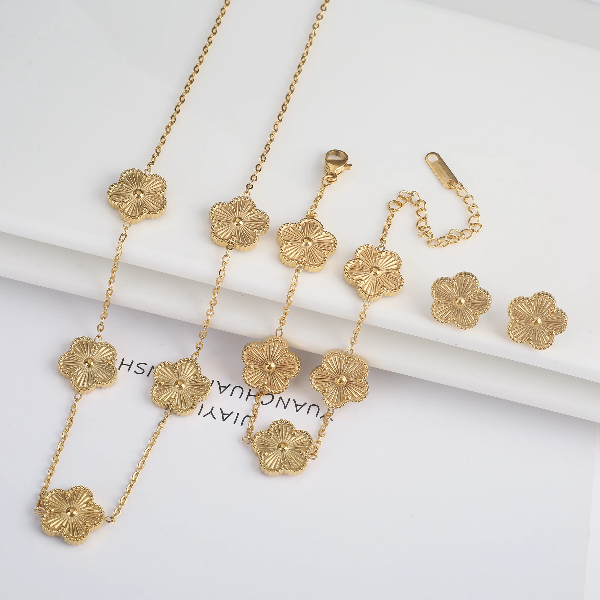 Simple 316L Stainless Steel Flower Five Leaf Necklace Bracelet Earrings 18K Gold Plated Jewelry Set For Women Girl Gift Clover thumbnail 2