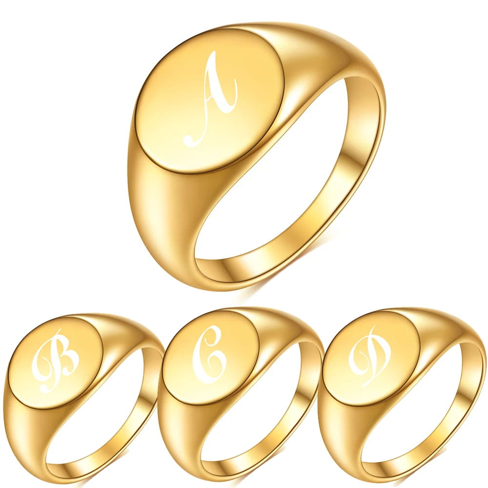 VQYSKO Gold Tone Round Initial Alphabet Ring Customized Stainless Steel Jewelry Personalized Rings Jewelry Wholesale