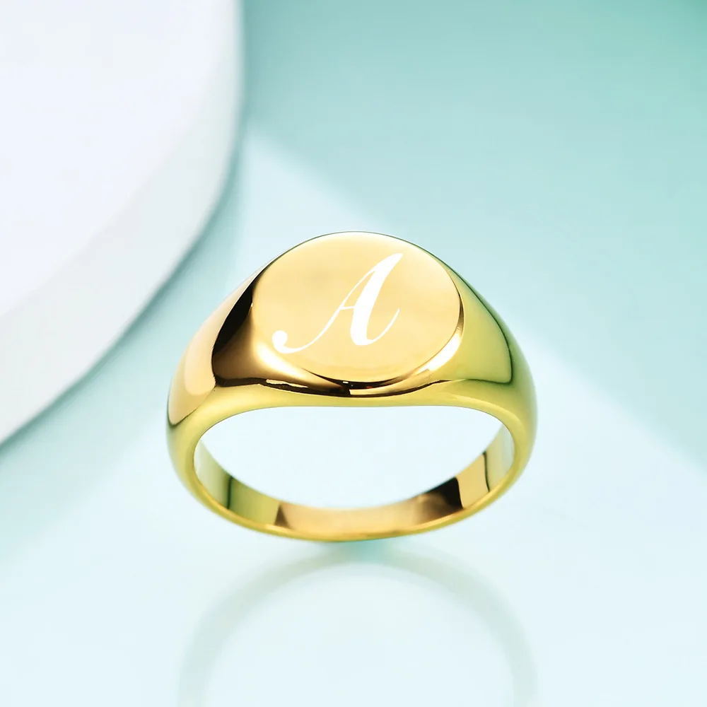 VQYSKO Gold Tone Round Initial Alphabet Ring Customized Stainless Steel Jewelry Personalized Rings Jewelry Wholesale thumbnail 3