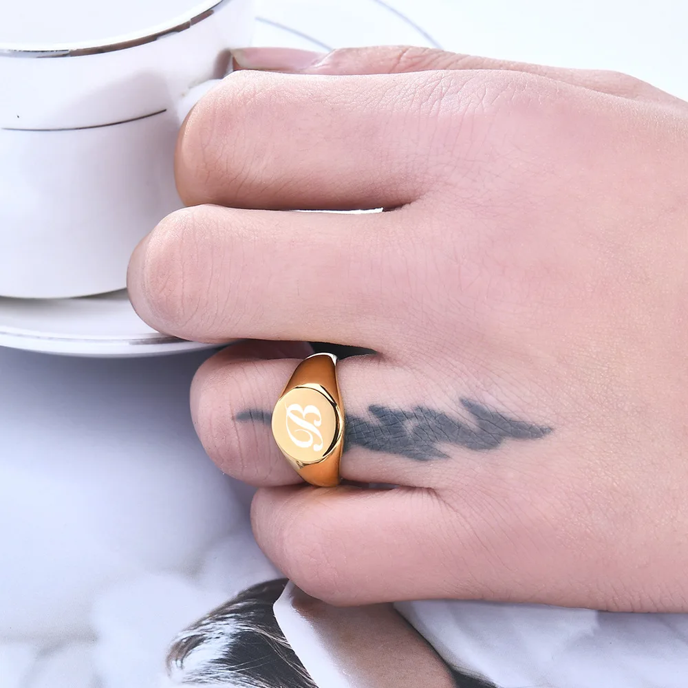 VQYSKO Gold Tone Round Initial Alphabet Ring Customized Stainless Steel Jewelry Personalized Rings Jewelry Wholesale thumbnail 5